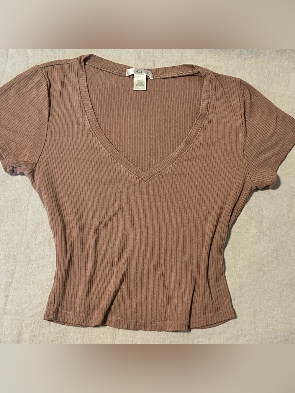 Bozzolo Ribbed V-Neck Tee - Mauve Brown, Medium